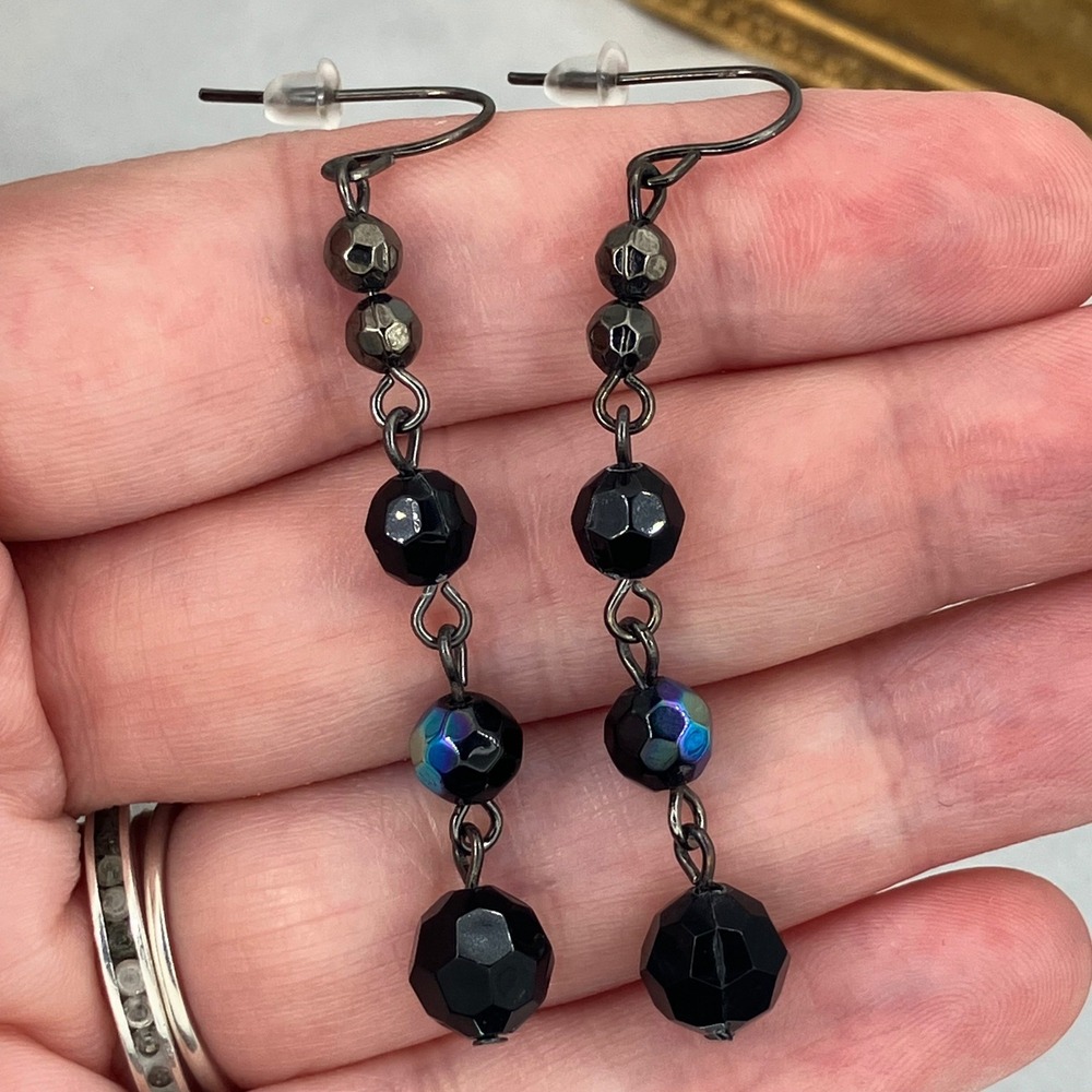 Black Beaded Dangle Earrings Iridescent Goth Pretty Punk Statement Whimsigoth